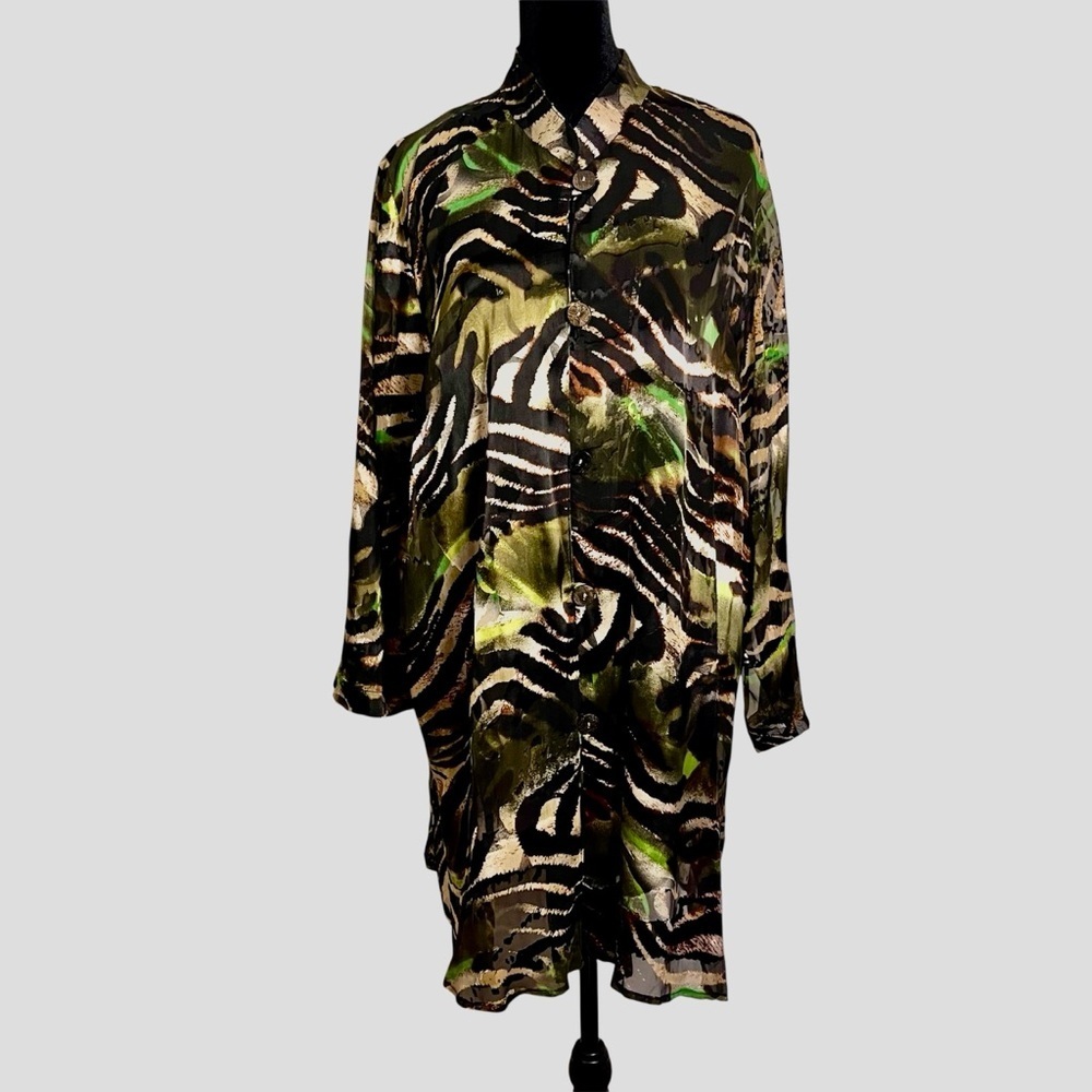 Caroline Rose Silk Blend Sheer-ish Tunic Blouse – Abstract Animal Print, Size L